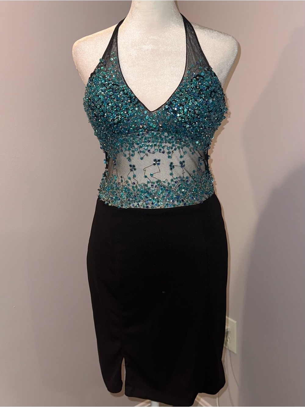 Vintage Y2K Beaded Teal Halter Mesh Bodice Mini Dress with Black Skirt